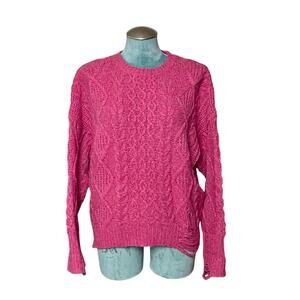 NSF Annabelle Cable Knit Sweater Women’s S Pink Crew Neck Frayed Hem Wool Blend